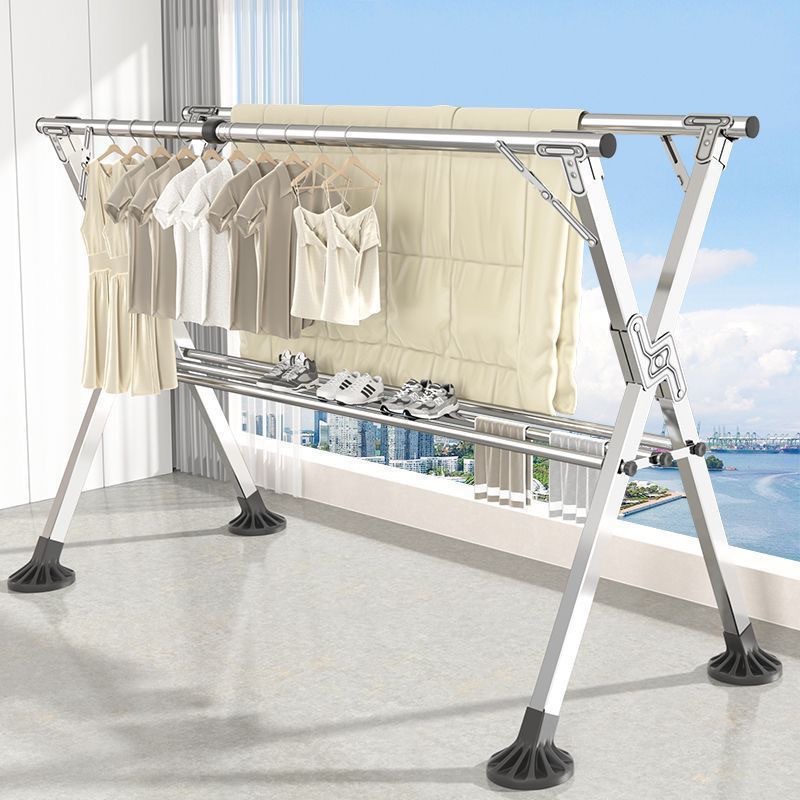 Stainless Steel Clothes Drying Rack Floor-Standing Folding Telescopic Clothes Drying Rack Double Pole Balcony Clothes Hanger Clothes Drying Rod Type