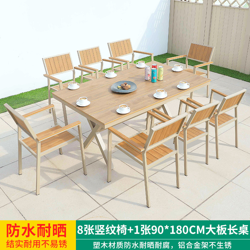 Mesa y silla de ocio al aire libre combinación de patio al aire libre jardín balcón impermeable anti-solar frente anticorrosión madera plástica mesa de madera