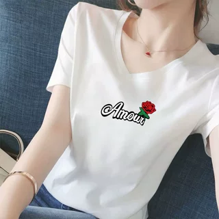 爆款专柜撤回外贸白色V领短袖t恤女宽松玫瑰印花时尚百搭休闲上衣