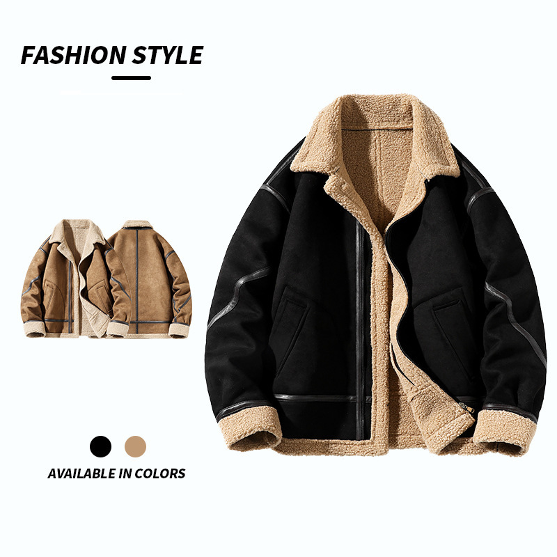 Suede leather coat men's fashion brand fleece-lined thickened fur coat loose plus size lapel outdoor leather jacket