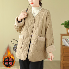 实拍无领羊羔毛拼接棉服女冬韩版宽松设计感小众加绒加厚棉衣外套