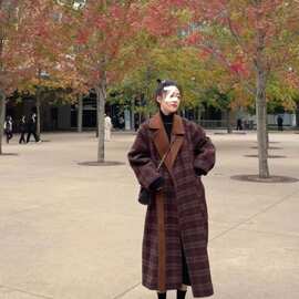 双面毛呢格子大衣女新款早春外套中长款赫本风修身格子毛呢外套女