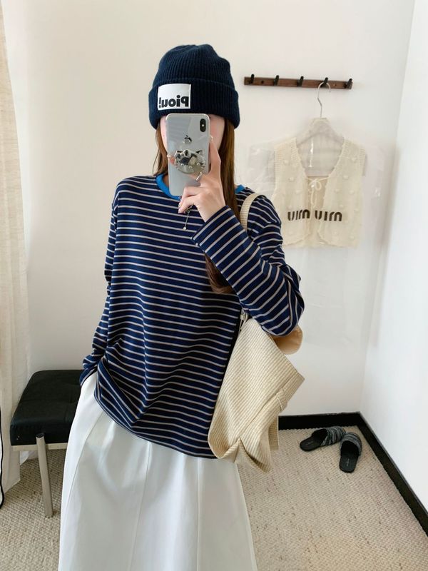 韩国小众Egg圆领百搭条纹T恤女 25秋季新品oversize宽松内搭上衣|undefined
