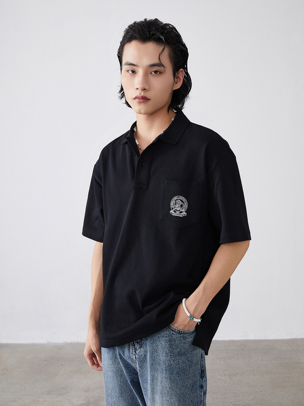 Black Polo Shirt Men's Summer Casual Printed Led Pocket Half-sleeved American Style Trendy Brand Heavy Loose Short-sleeved T-shirt