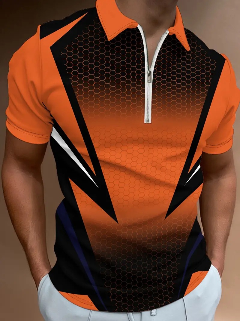 Camisa POLO con cremallera de manga corta transpirable con solapa suelta para hombre con estampado 3D de patrón geométrico degradado para hombre de negocios