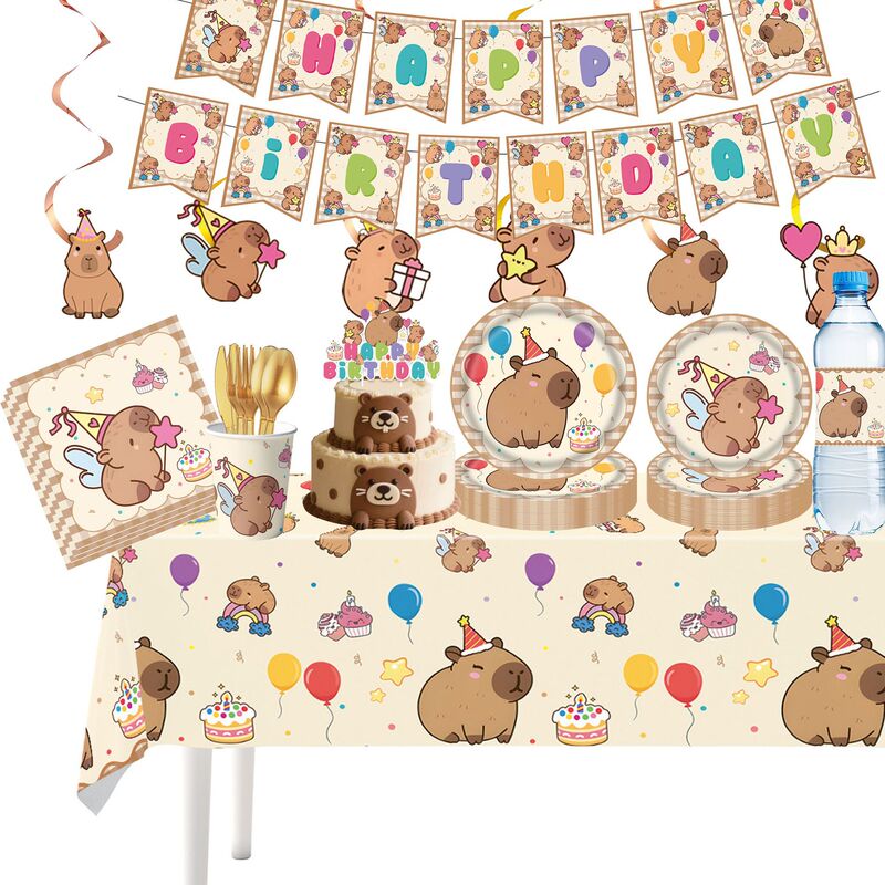 Amazon's New Capibala Birthday Party Tableware Cute Capybara Disposable Tablecloth Paper Plate Paper Cup Decoration