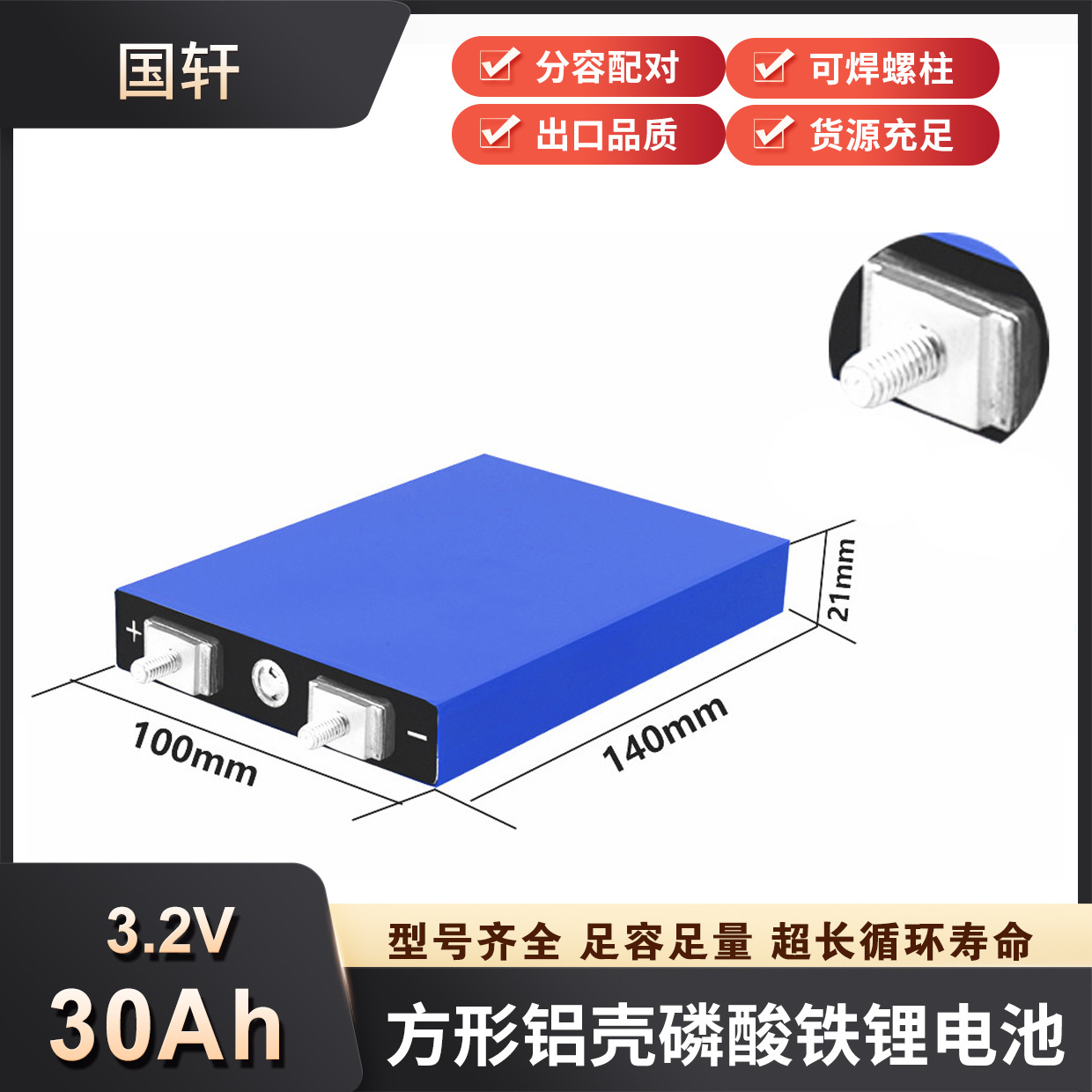 国轩3.2V30Ah磷酸铁锂电芯太阳能电动车储能动力电池12V外贸品质