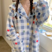 韩版ins女士新品冬季加厚保暖格子彩点毛毛海军领睡衣家居服睡裙