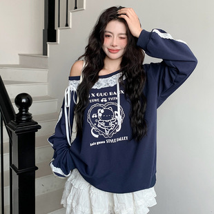 Fat Qiqi plus size Women's 2025 Spring Sweat Lace Stitching Printed Top Loose Slim Korean Sweat Women
