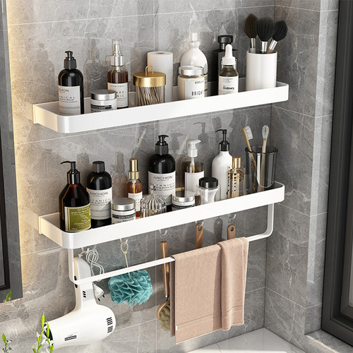 Space aluminum storage rack bathroom wall-mounted hole-free bathroom towel rack bathroom white storage and organization shelf