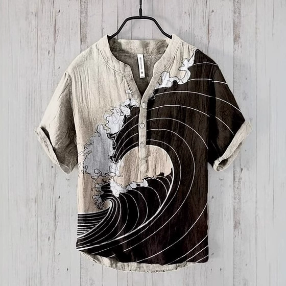 Национальный стиль элемент моды мужская рубашка бамбуковый фестиваль конопля с короткими рукавами летом AliExpress 3D печать короткие рукава с пряжкой V-образный вырез