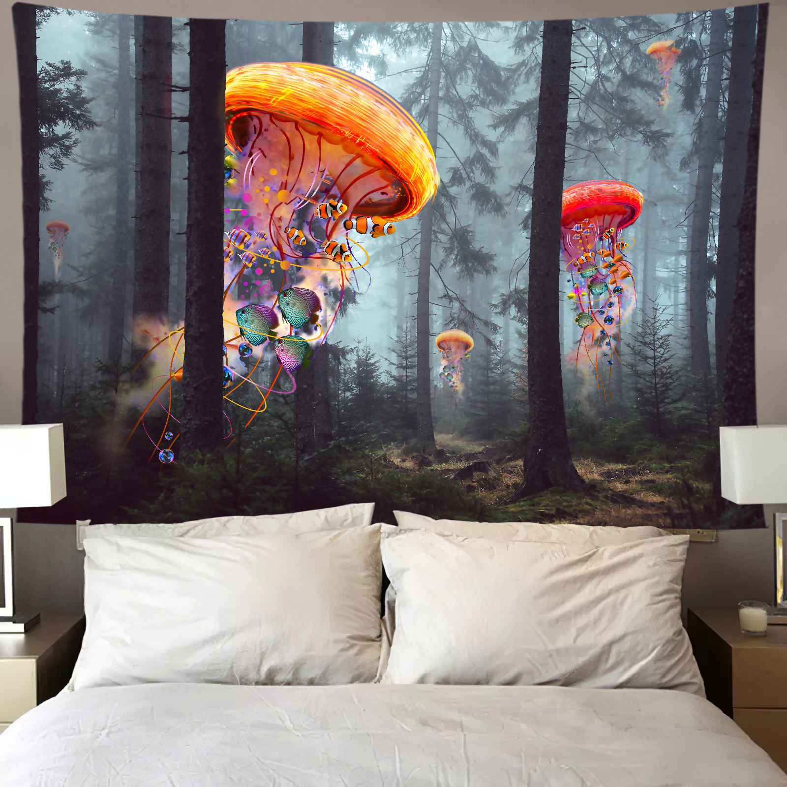 2021 Amazon New Product Jellyfish Tapestry Home Decor European and American Style Fabric Illusion Bedspread Background Wall Cloth Ins