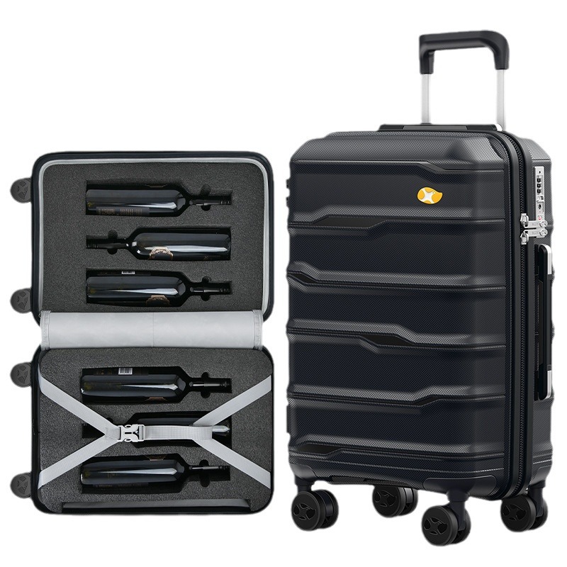Vali đựng rượu vang đỏ vân ngang 6 chai 20 inch xách tay công sở — Màu đen