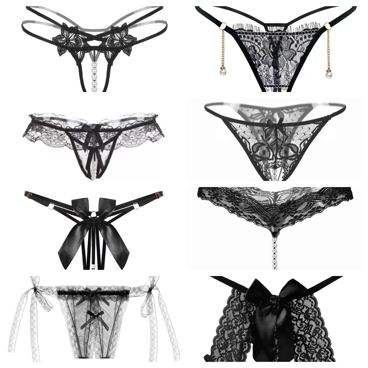 Cross-border sexy lingerie panties for women, lace no-undressing pearl open-crotch briefs, hot and flirty thongs
