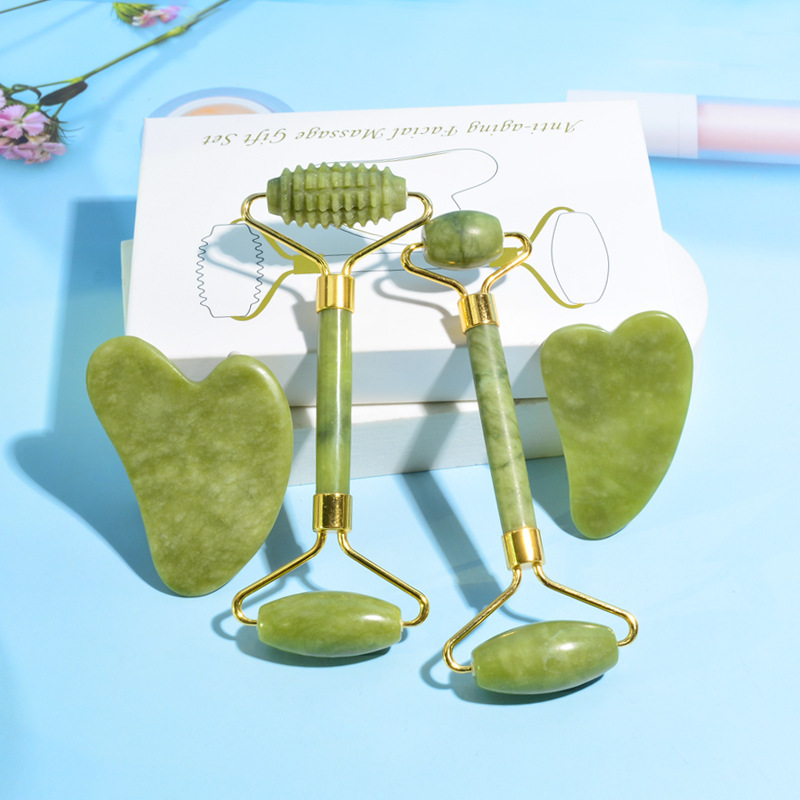 Fábrica de fuentes masajeador facial de jade natural, empujador facial de belleza facial, conjunto de placa de rueda de jade