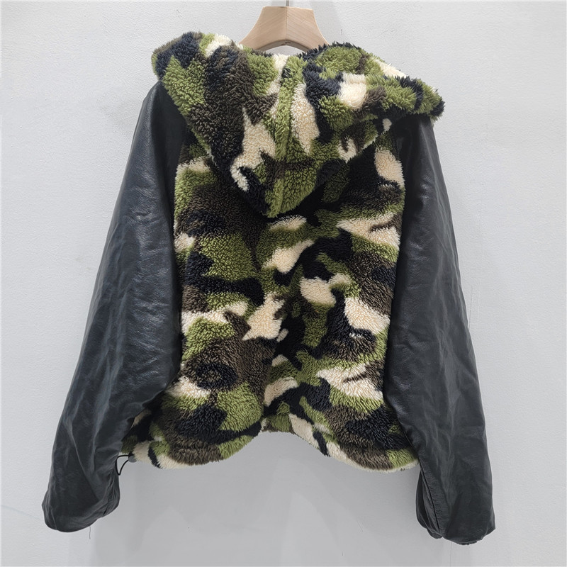American retro cuero PU camuflaje ropa de algodón de peluche mujer moda coreana suelta abrigo de algodón caliente