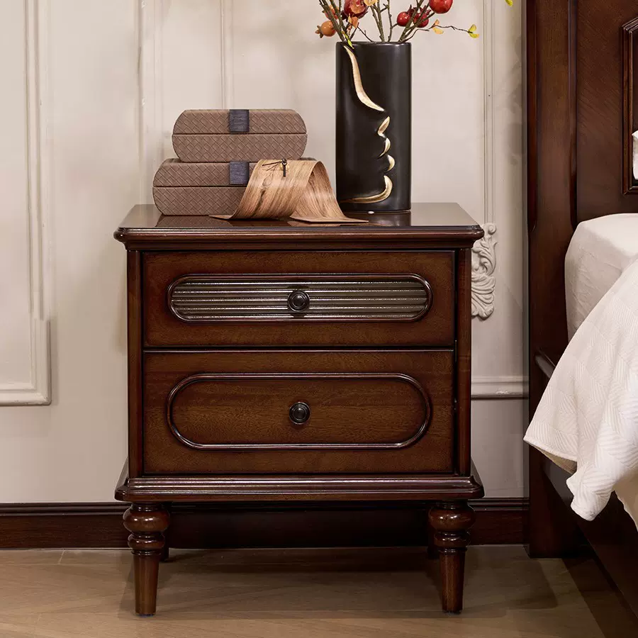 法式乡村复古实木床头柜双抽中古风卧室床边柜美式现代简约储物柜