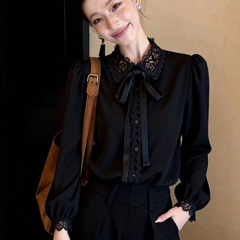 Elegant Commuter Style Black Lace Patchwork Lapel Bow Shirt for Women, New Spring and Autumn Unique and Beautiful Top Elegant Commuter Style Black Lace Patchwork Lapel Bow Shirt for Women, New Spring and Autumn Unique and Beautiful Top
