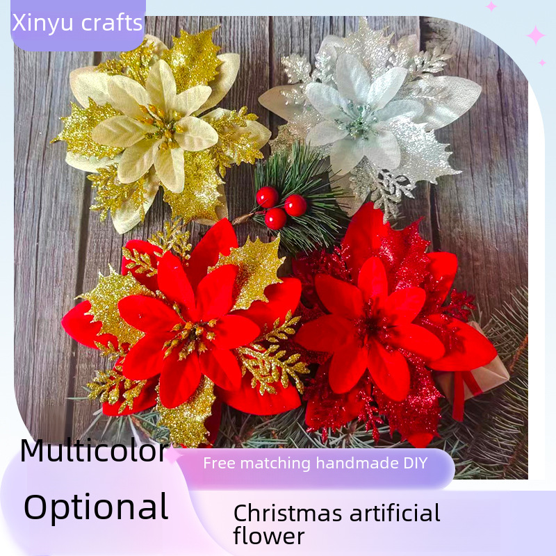 Spot all'ingrosso singolo oro polvere fiore di Natale simulazione fiore albero di Natale ciondolo decorativo fiore corona accessori regali per le feste_voghion.com