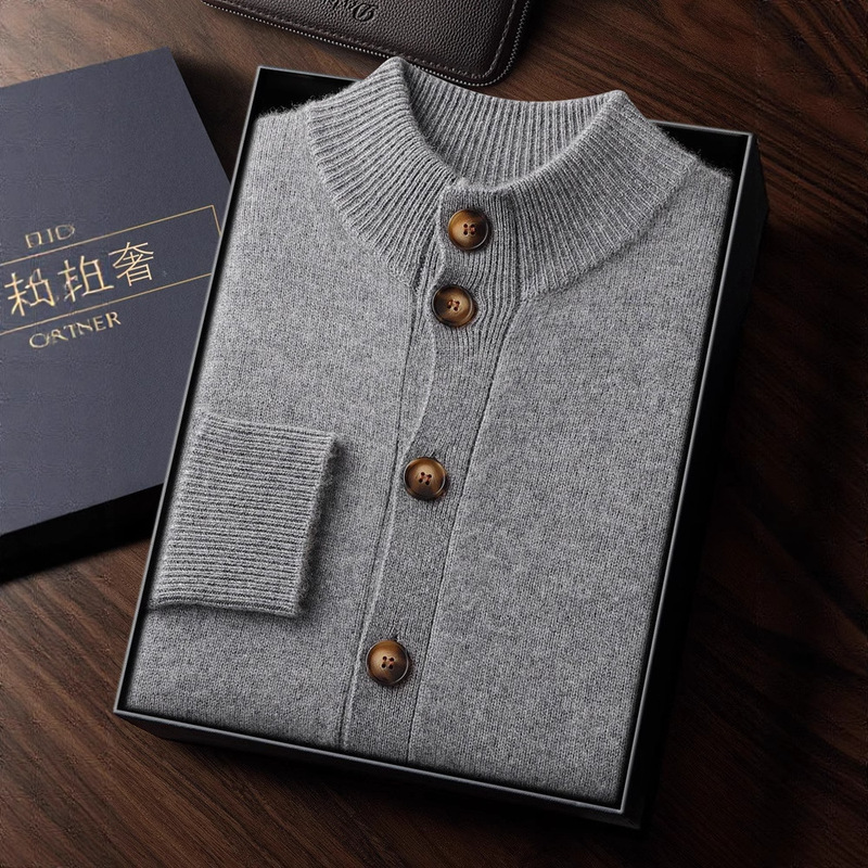 Cashmere Button-Up Men's Winter Pocket Thick Coat Cashmere Half-High Collar Business Double-Layer Cardigan in Stock