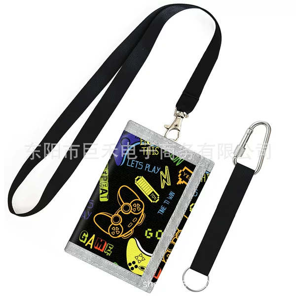Amazon Oxford Cloth Student Wallet Cross-Border Folding Children's Coin Purse Pocket Card Holder Lanyard Set Wholesale