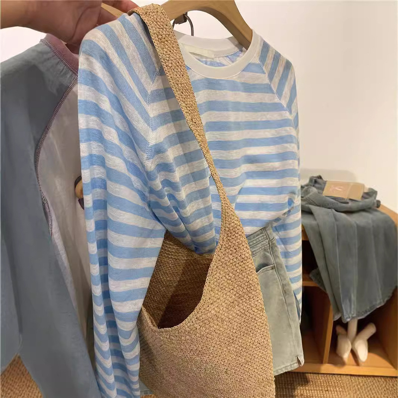Simple All-match Casual Loose Raglan Sleeve Striped Long-sleeve T-shirt Women's Summer Sunscreen Shirt Air-conditioning Fan Blouse Top