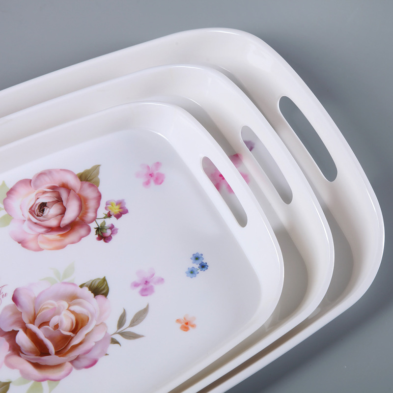 メラミンヨーロッパの家庭用プラスチックの透かし彫りの双耳は磁器のトレーのコーヒーの磐の上の料理のトレーのmelamine plateを真似します。|undefined