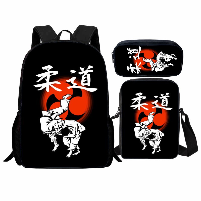 New Printed Judo Judo Primary School Student Bag Three-Piece Set Cartoon Taekwondo Backpack Shoulder Bag Pencil Case