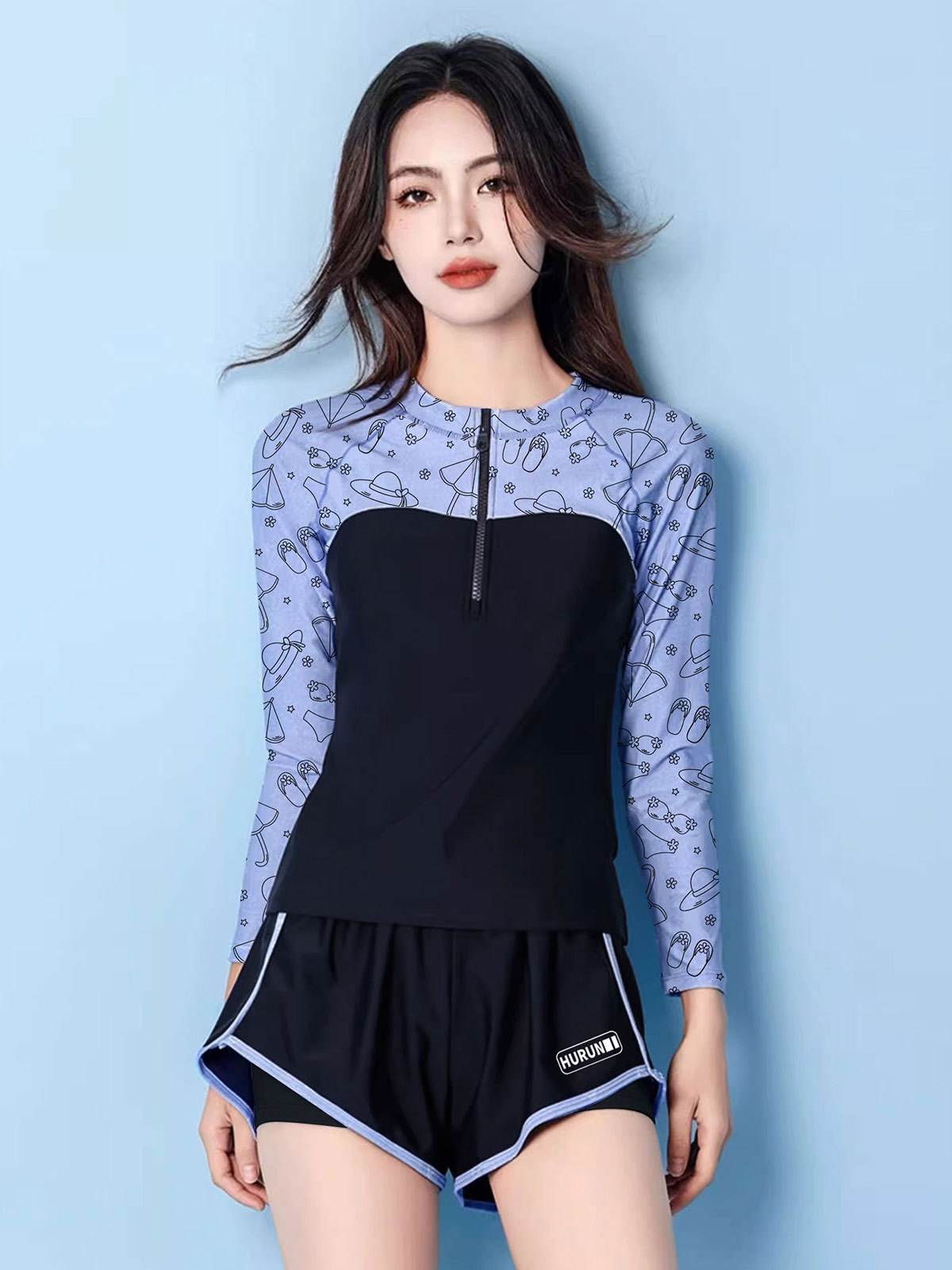 HURUN trajes de baño conservadores para mujeres nuevos trajes de baño de aguas termales de manga larga y ángulo plano para niñas gordas que cubren el vientre