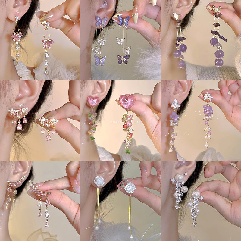 Diseño de nicho de alta gama borla larga sin orejas clip de oreja elegante estilo occidental de las mujeres cara-mirando pequeños nuevos pendientes de moda