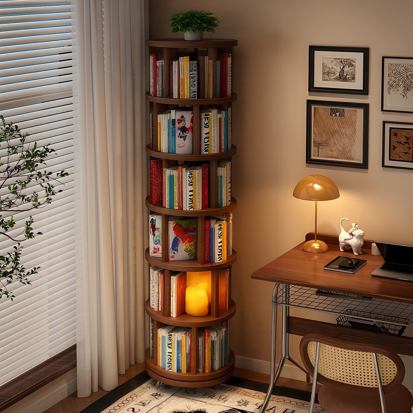 Estante de libros giratorio de madera sólida ecológica placa integrada contra la pared armario móvil dormitorio esquina de 360 grados estante