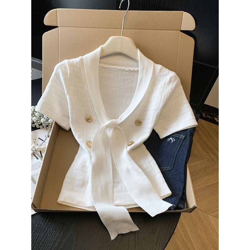 Hot Girl Style Double-Breasted Short-Sleeved Knitted Sweater for Women in Summer, High-Waisted Short Top for Petite Women
