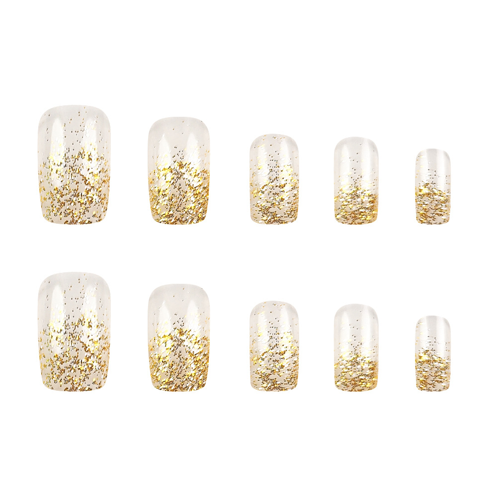 Hot sale champagne oro polvo de brillo para usar uñas de estilo francés 24 piezas brillo corto uñas falsas al por mayor