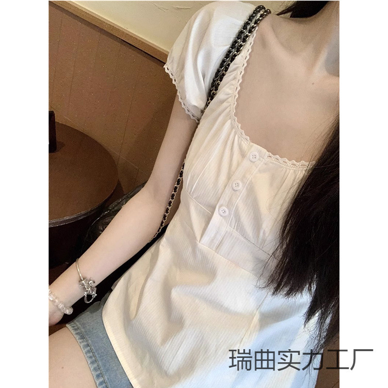 優しいスタイルの年齢を軽減するパフスリーブ白シャツ女性のための夏の2025新しいウエストショート3つボタントップ|undefined