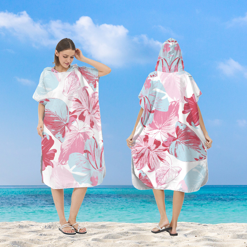 Cross-Border Printed Quick-Drying Hooded Poncho Bath Towel Adult Double-Sided Fleece Beach Swimming Diving Changing Robe