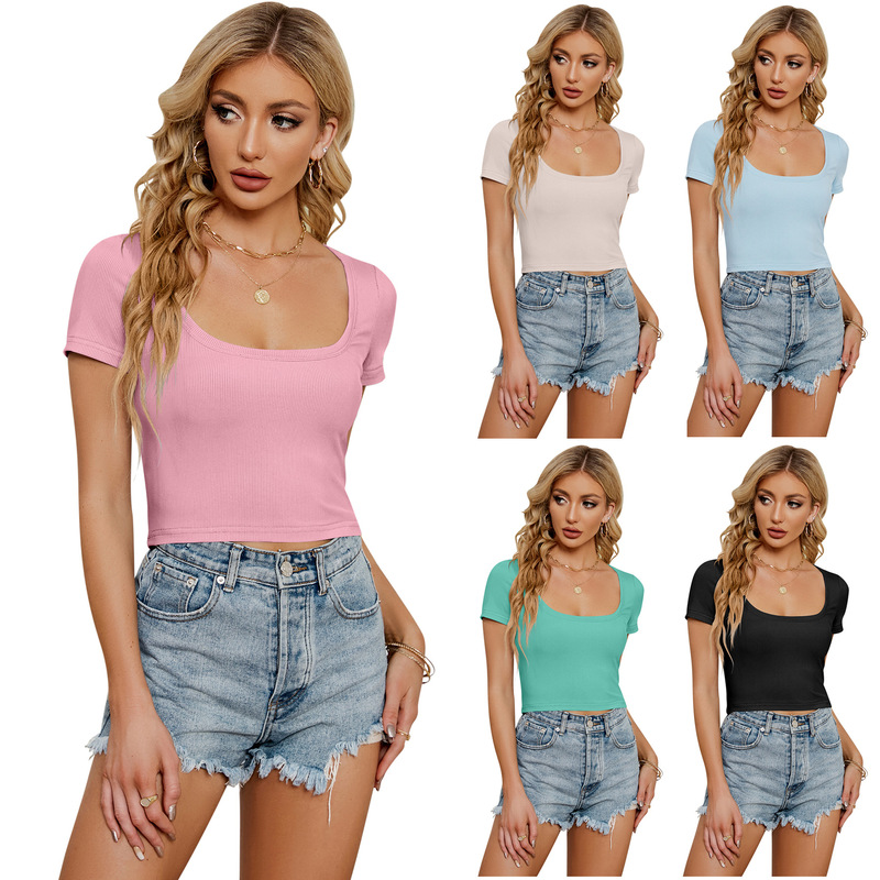 Amazon's Popular Y2K New Short-Sleeved Square-Neck T-Shirt European and American Cross-Border Best-Selling Women's Slim-Fit Stretch Knitwear