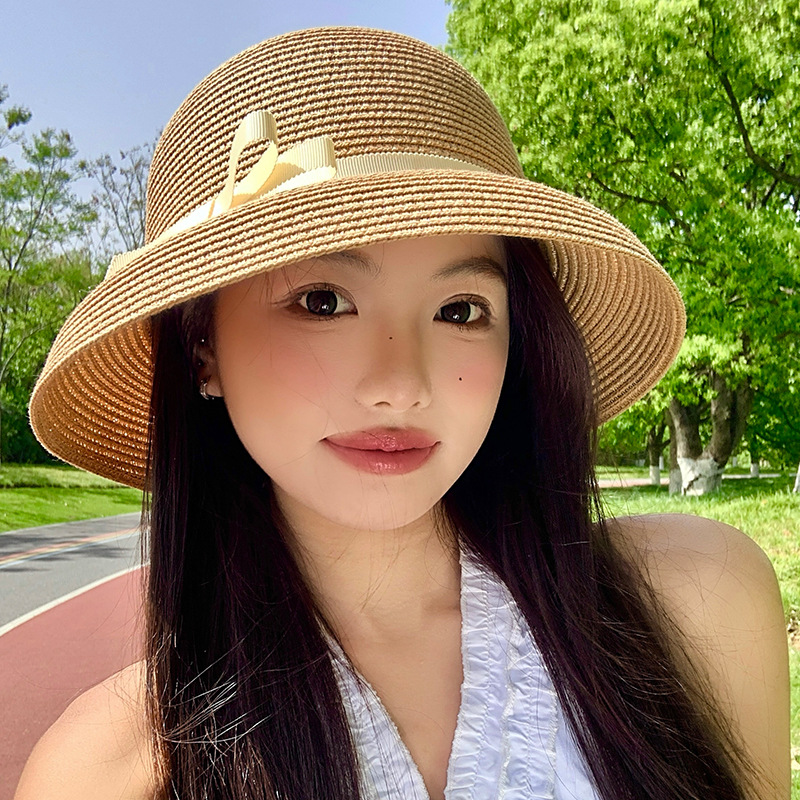 Sombrero de paja estilo Hepburn con lazo, verano 2025, sombrero protector solar para mujer