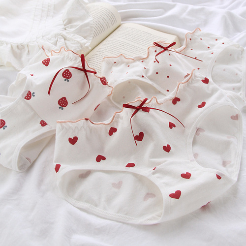 Japanese love sweet fungus-edged cotton underwear for women Ribbon mid-waist briefs for girls girls underwear 101