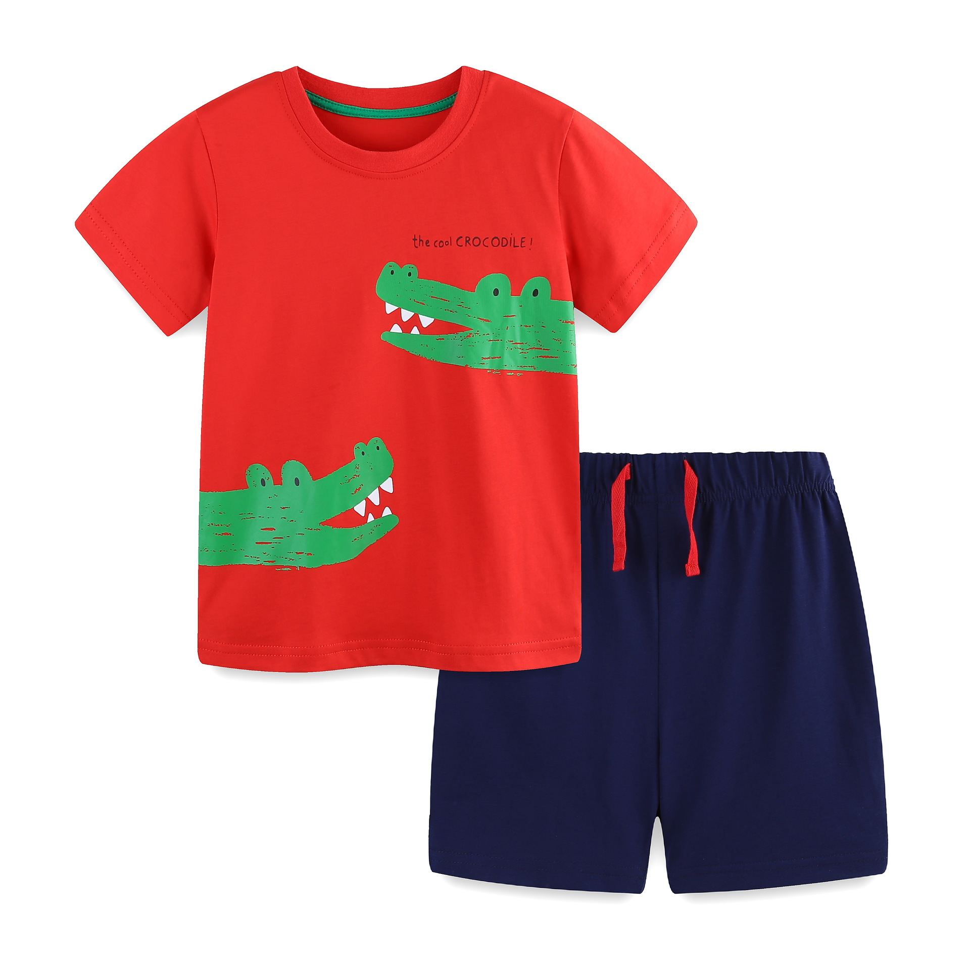 Traje de manga corta para niños de verano transfronterizo Camiseta de cuello redondo para niños impresa de moda Conjunto de pantalones cortos para niños de punto de 2 piezas