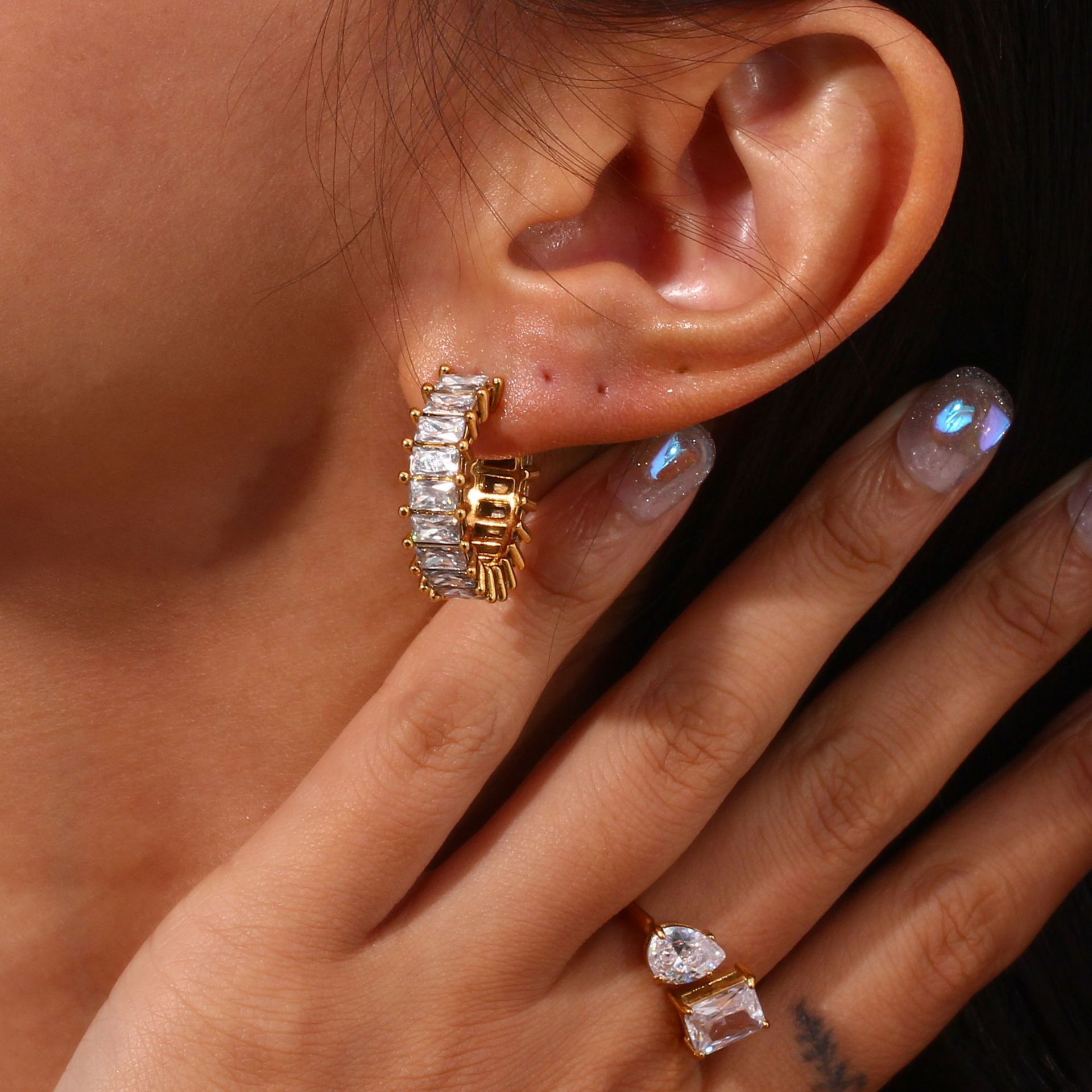 18K Real Gold Plated Plating Material Zircon Inlay Material Earrings, Ear Studs Classification PVD Coated Real Gold Plated Geometric Stainless Steel Waterproof Non Tarnish Earrings Ear Studs