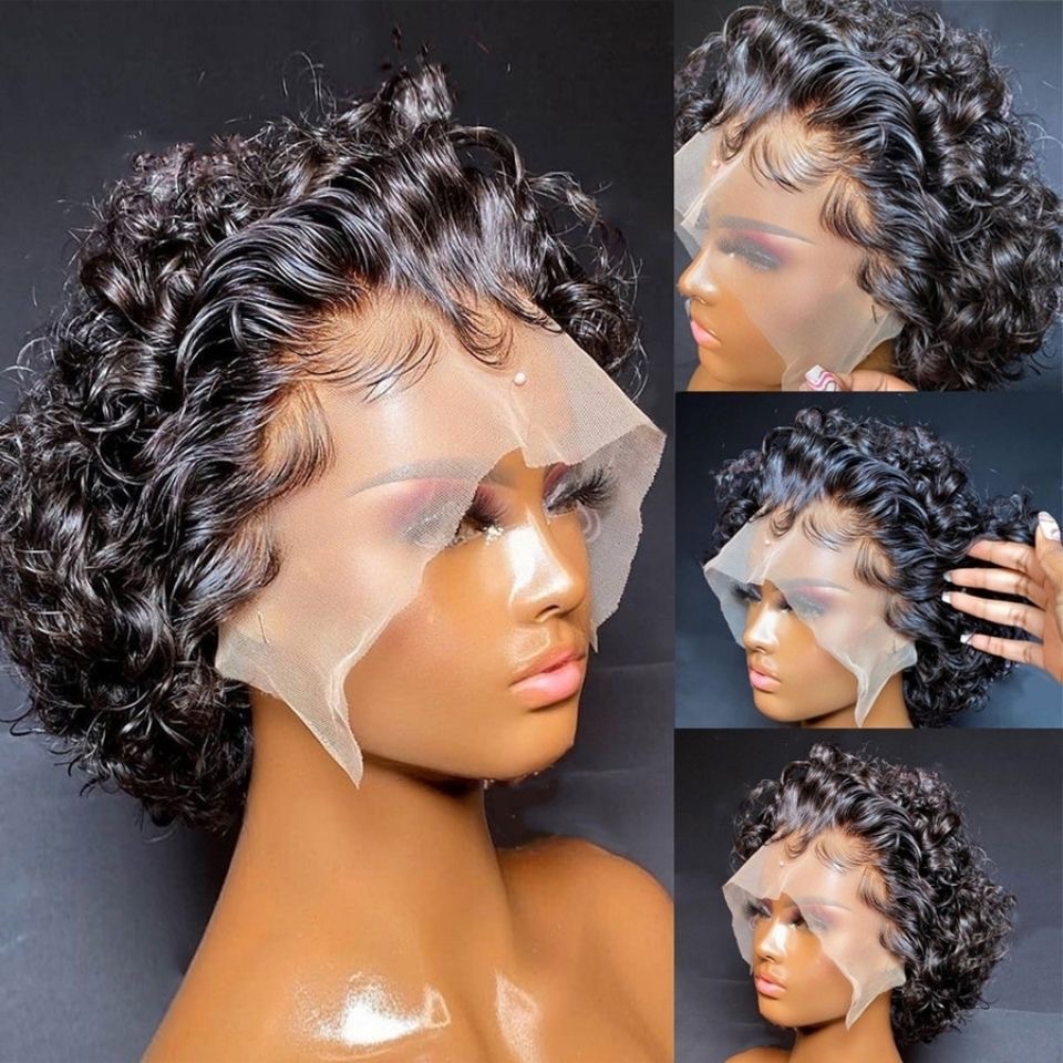 Pixie pixie peluca capucha rizada curly pixie wig pelo real encaje capucha 13x1