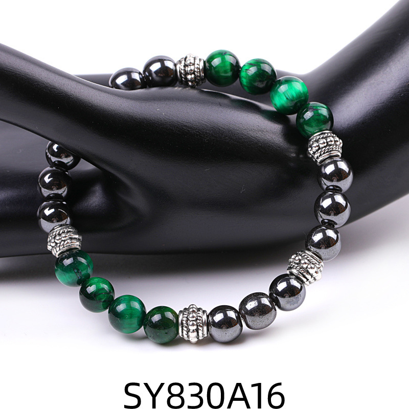 SY830A16 Green Tiger Stone + Black Iron Ore Drum Bead Bracelet
