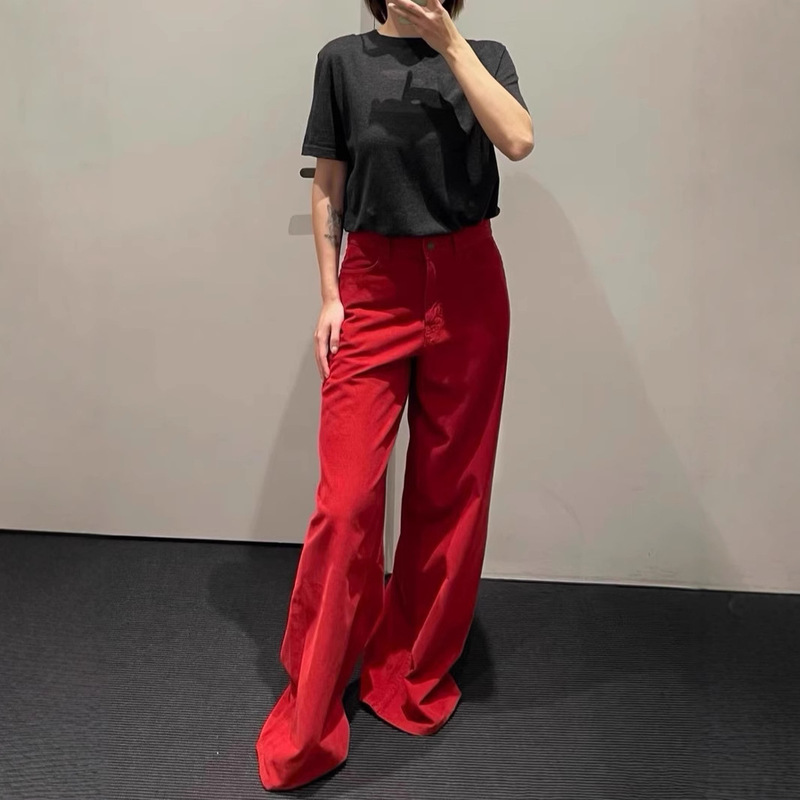 The ro * early autumn 2024 explosions fashion retro corduroy wide leg pants women's high waist casual straight pants