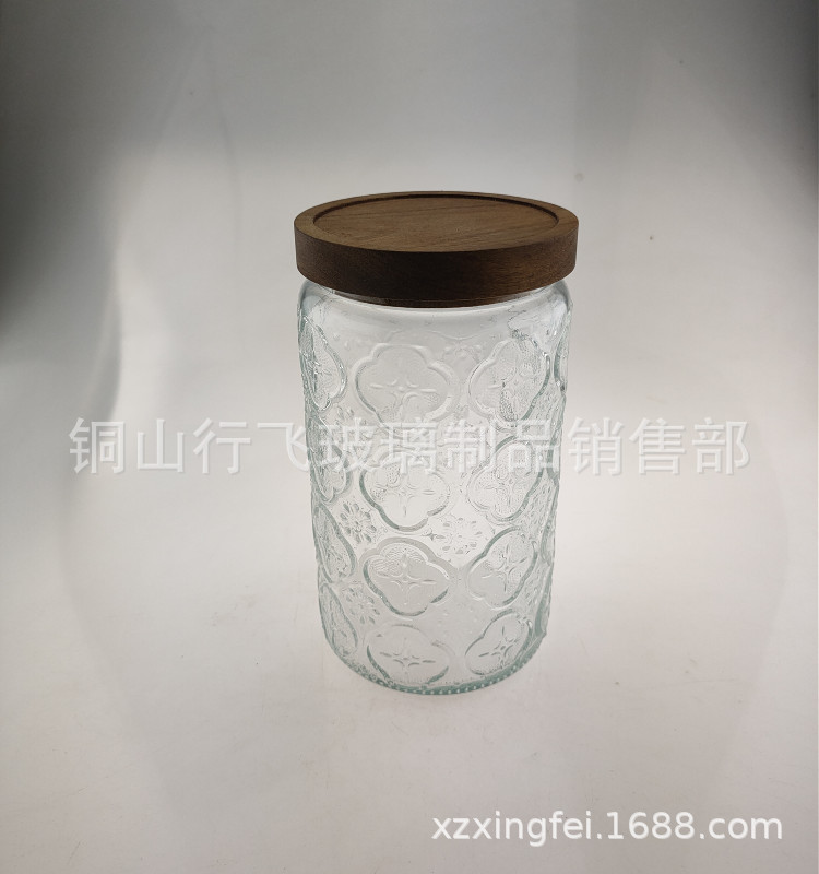 1000ml vintage Begonia en relieve botella de vidrio multi-grano tapa de bambú tarro de té tarro de almacenamiento de vidrio transparente tarro de caramelo