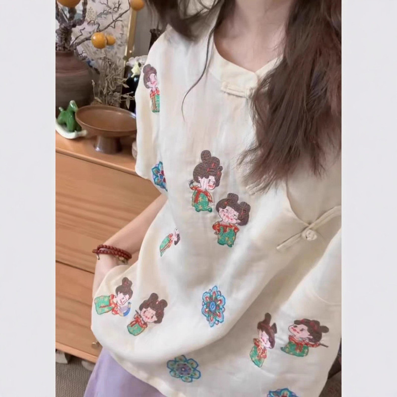 新中式国风时尚白色小糖人衬衫女夏季小个子绝美漂亮上衣唐装汉服|undefined