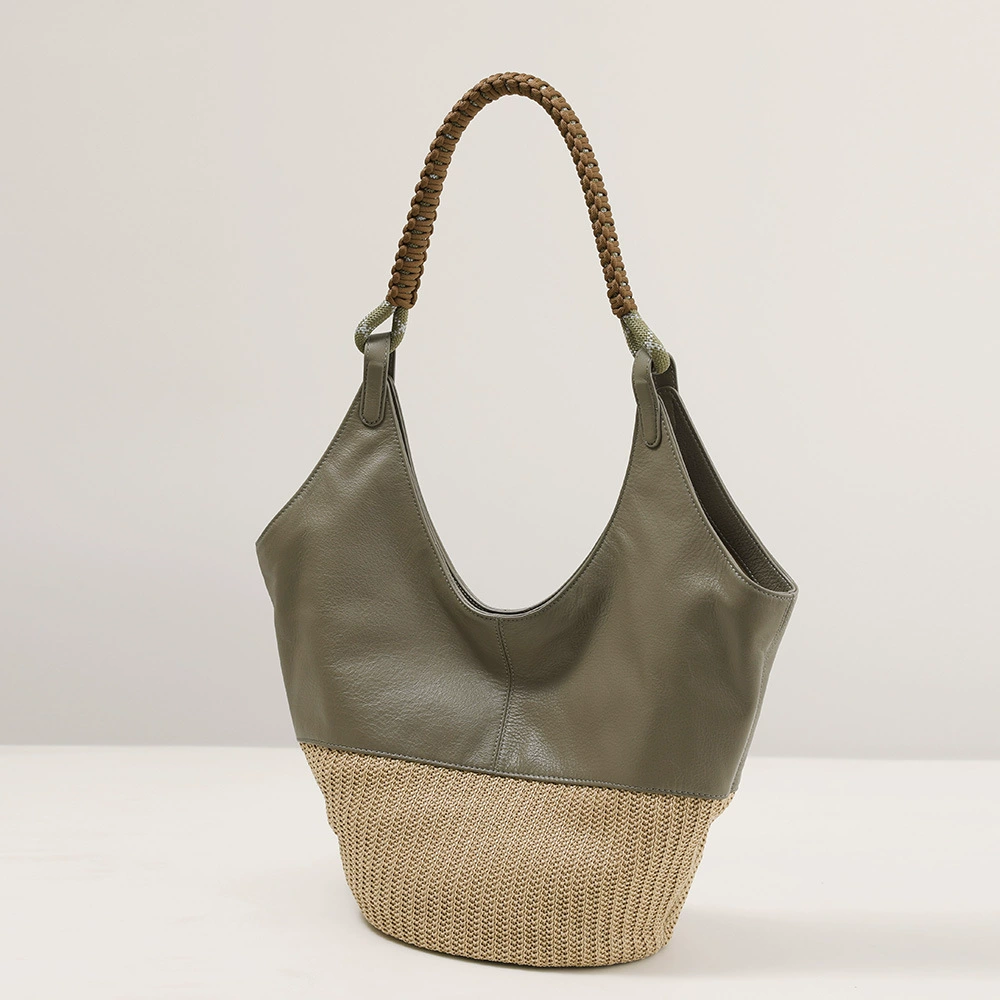 Leather straw capacious one-shoulder bag, cowhide, Korean style