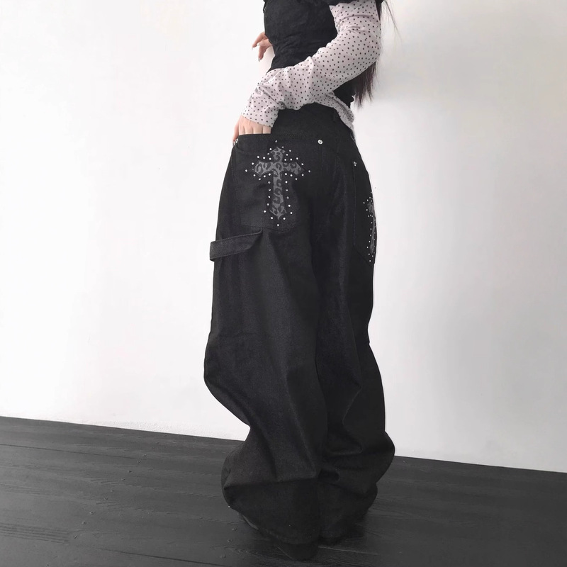 Autumn and Winter Ins European and American New Y2K Retro High Street Street Hip-Hop Heavy Cross Hot Diamond Printed Jeans