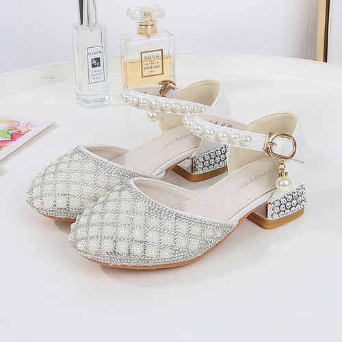 Children's High Heel Performance Shoes for Girls, Silver Princess Shoes for Little Girls, Walking Show Performance Shoes, White Crystal Shoes, Formal Dress Shoes