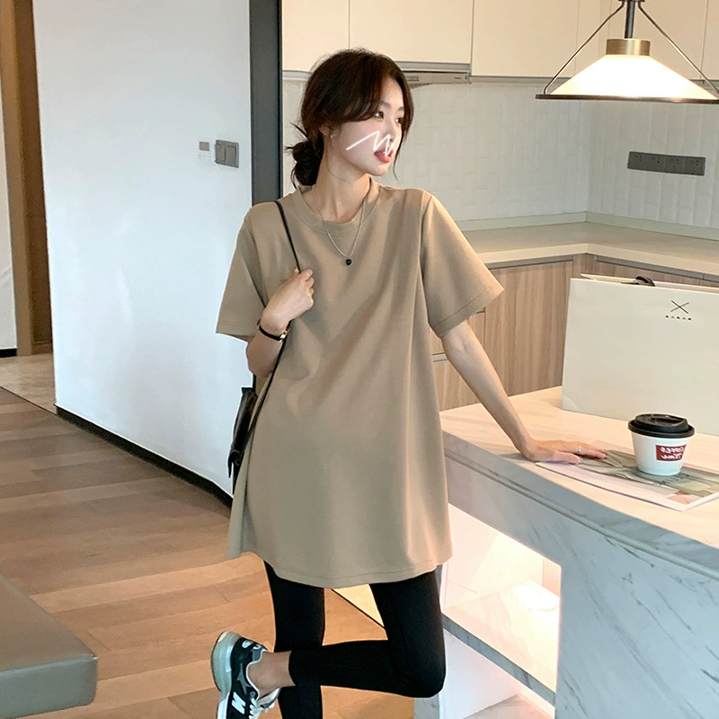 Maternity Summer Ragshou Shirt Summer Korean Style Loose Slim Large Size Short Sleeve Round Collar Trendy Mom Summer Shirt Top