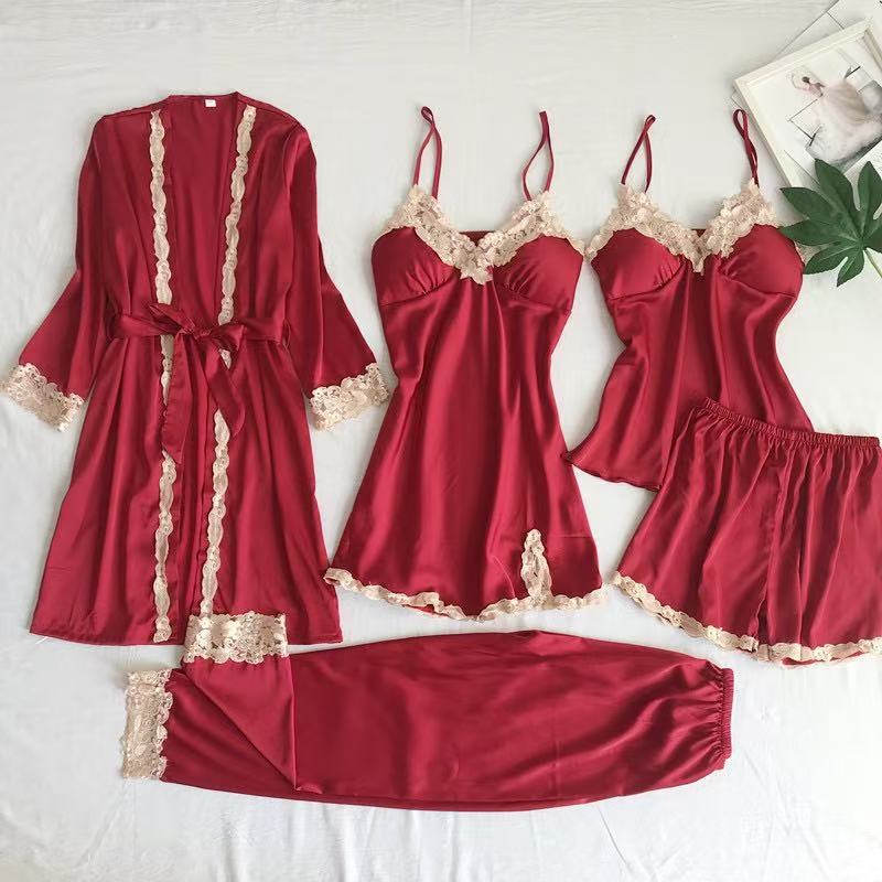 Cross-Border Supply Imitation Silk Pajamas Sexy Underwear Five-Piece Set Suspender Lace Women's Home Clothes Bathrobe Nightgown Large Size
